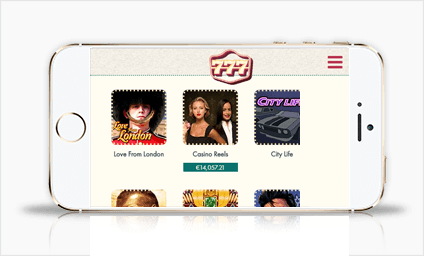 The main game lobby of the 777casino mobile app, with some featured games