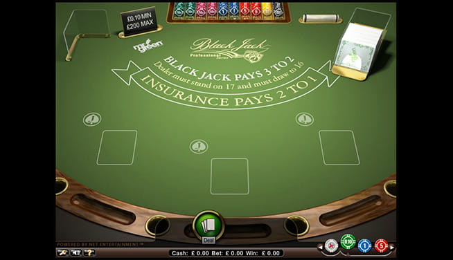Blackjack Professional - in-game view of the table before a Deal 
