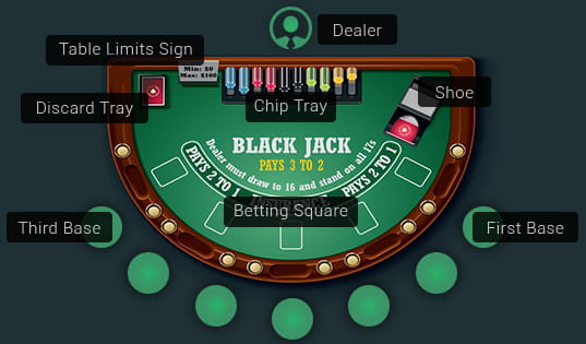 An image of an online blackjack table highlighting the table terms