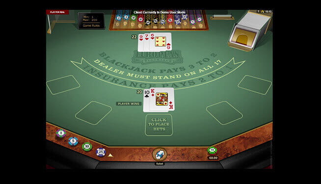 European Blackjack - table view during a game 