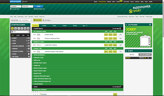 Paddy Power live betting screenshot