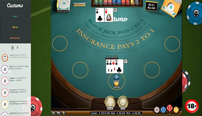 A game of blackjack at Casumo online casino 